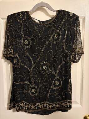Sténay Vintage Black and Gold Silk Beaded Floral Short Sleeve Blouse Top M